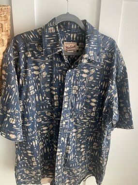 Woolrich Navy Short-Sleeve Button-Down Shirt with Cream Print